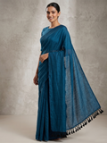 Women's Olive Paisley Printed Linen Blend Saree with Blue Border | Elegant Floral Ethnic Wear for Festive & Daily Use