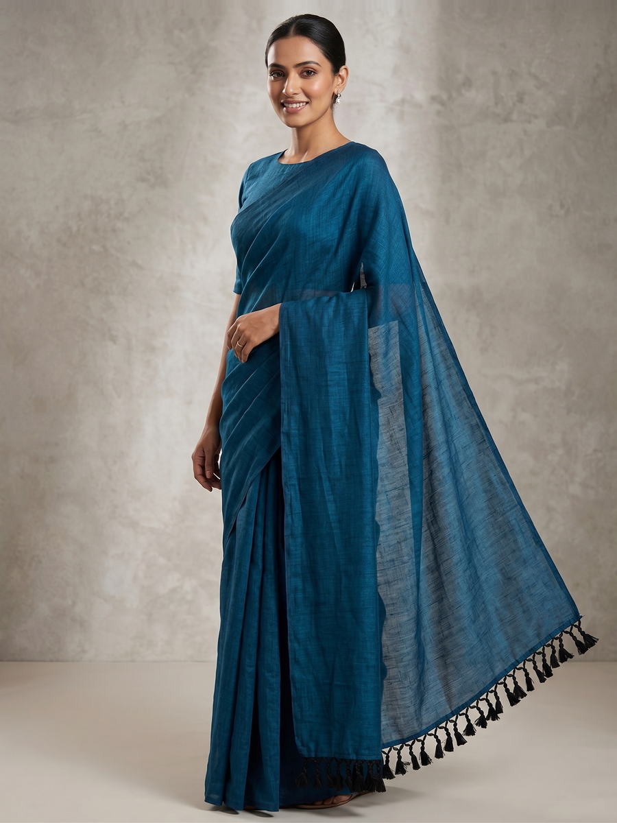 Women's Olive Paisley Printed Linen Blend Saree with Blue Border | Elegant Floral Ethnic Wear for Festive & Daily Use