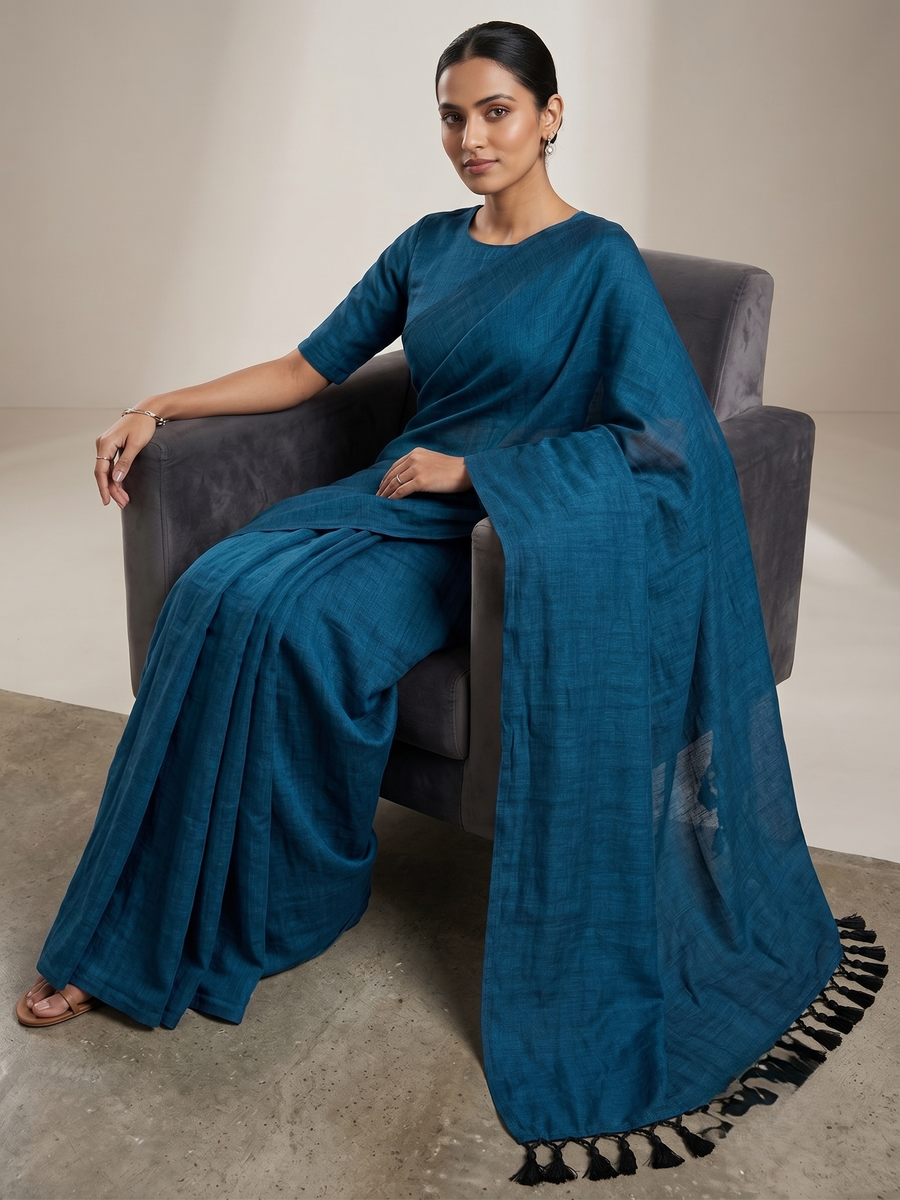 Women's Olive Paisley Printed Linen Blend Saree with Blue Border | Elegant Floral Ethnic Wear for Festive & Daily Use