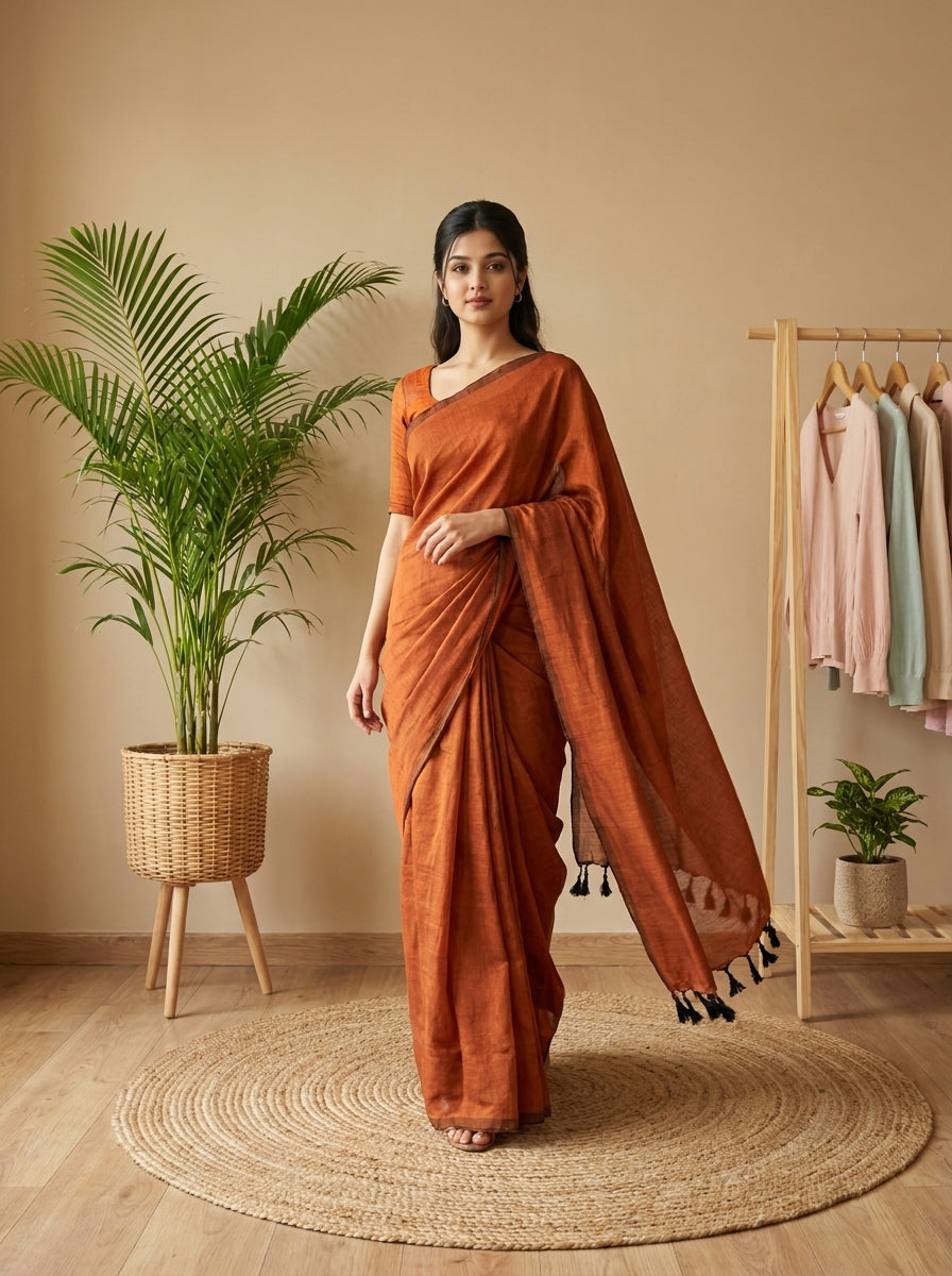 Women's Olive Paisley Printed Linen Blend Saree with Blue Border | Elegant Floral Ethnic Wear for Festive & Daily Use