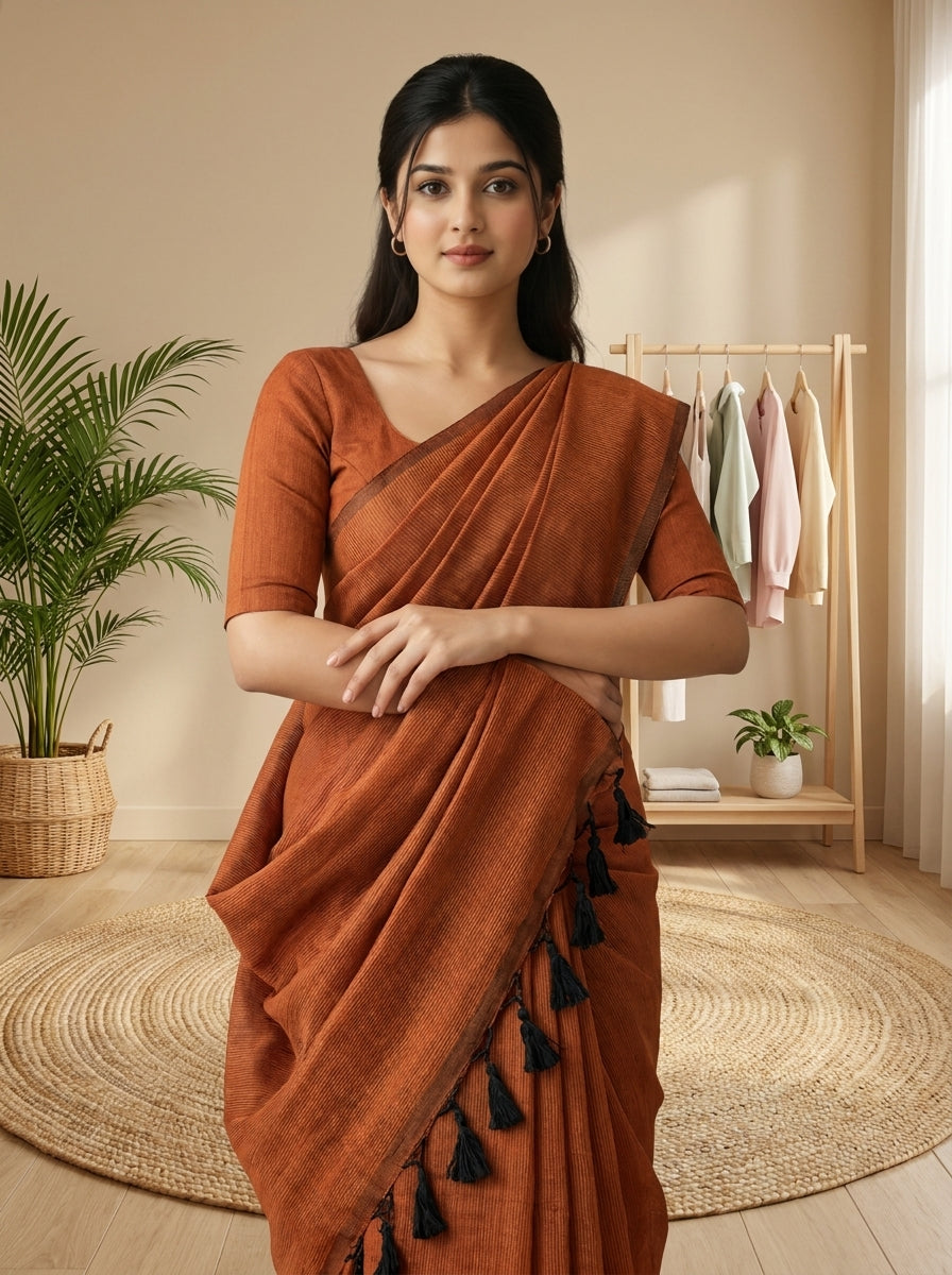Women's Olive Paisley Printed Linen Blend Saree with Blue Border | Elegant Floral Ethnic Wear for Festive & Daily Use