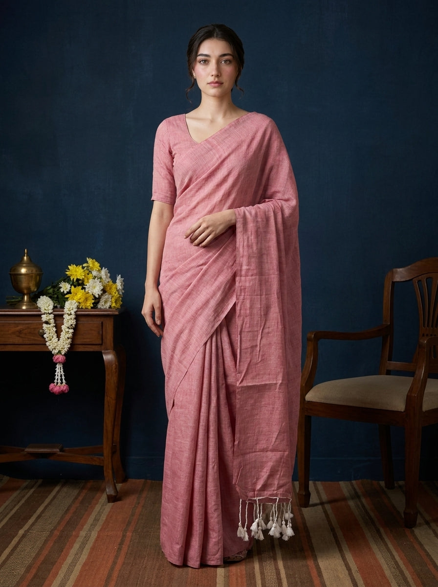Women's Olive Paisley Printed Linen Blend Saree with Blue Border | Elegant Floral Ethnic Wear for Festive & Daily Use
