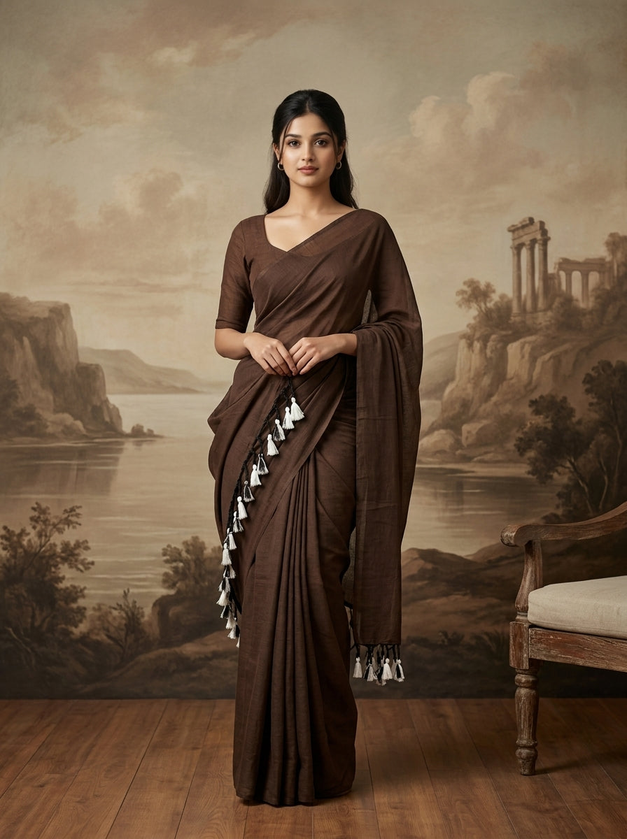 Women's Olive Paisley Printed Linen Blend Saree with Blue Border | Elegant Floral Ethnic Wear for Festive & Daily Use