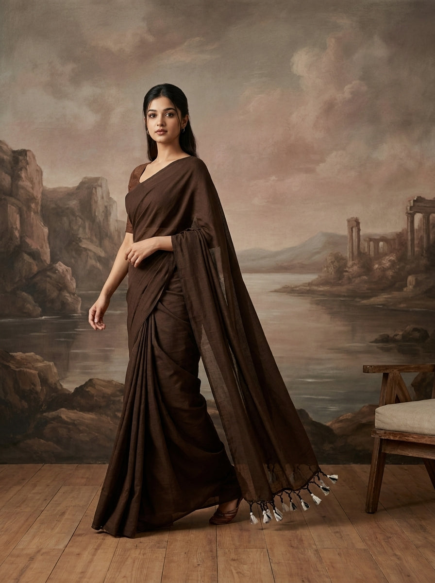Women's Olive Paisley Printed Linen Blend Saree with Blue Border | Elegant Floral Ethnic Wear for Festive & Daily Use