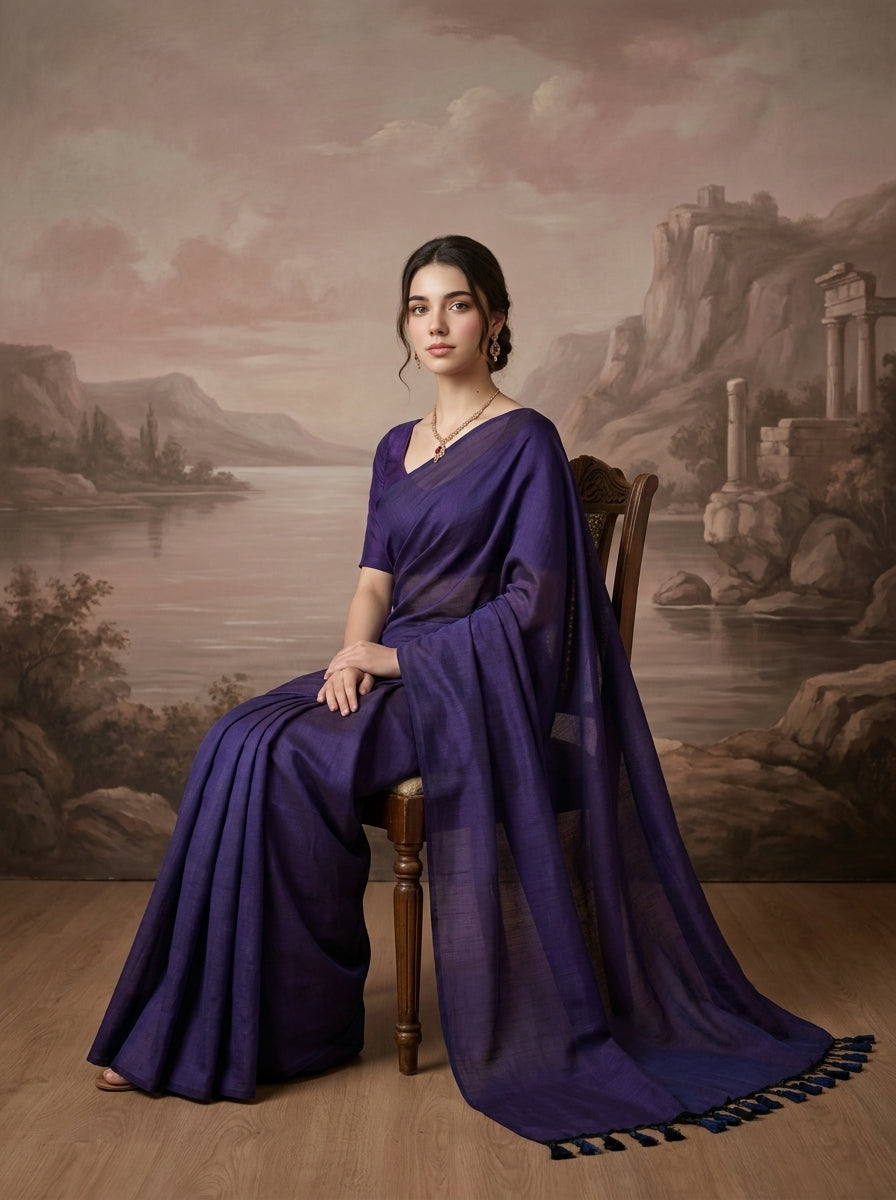 Women's Olive Paisley Printed Linen Blend Saree with Blue Border | Elegant Floral Ethnic Wear for Festive & Daily Use