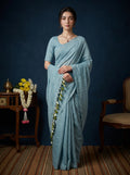 Women's Olive Paisley Printed Linen Blend Saree with Blue Border | Elegant Floral Ethnic Wear for Festive & Daily Use
