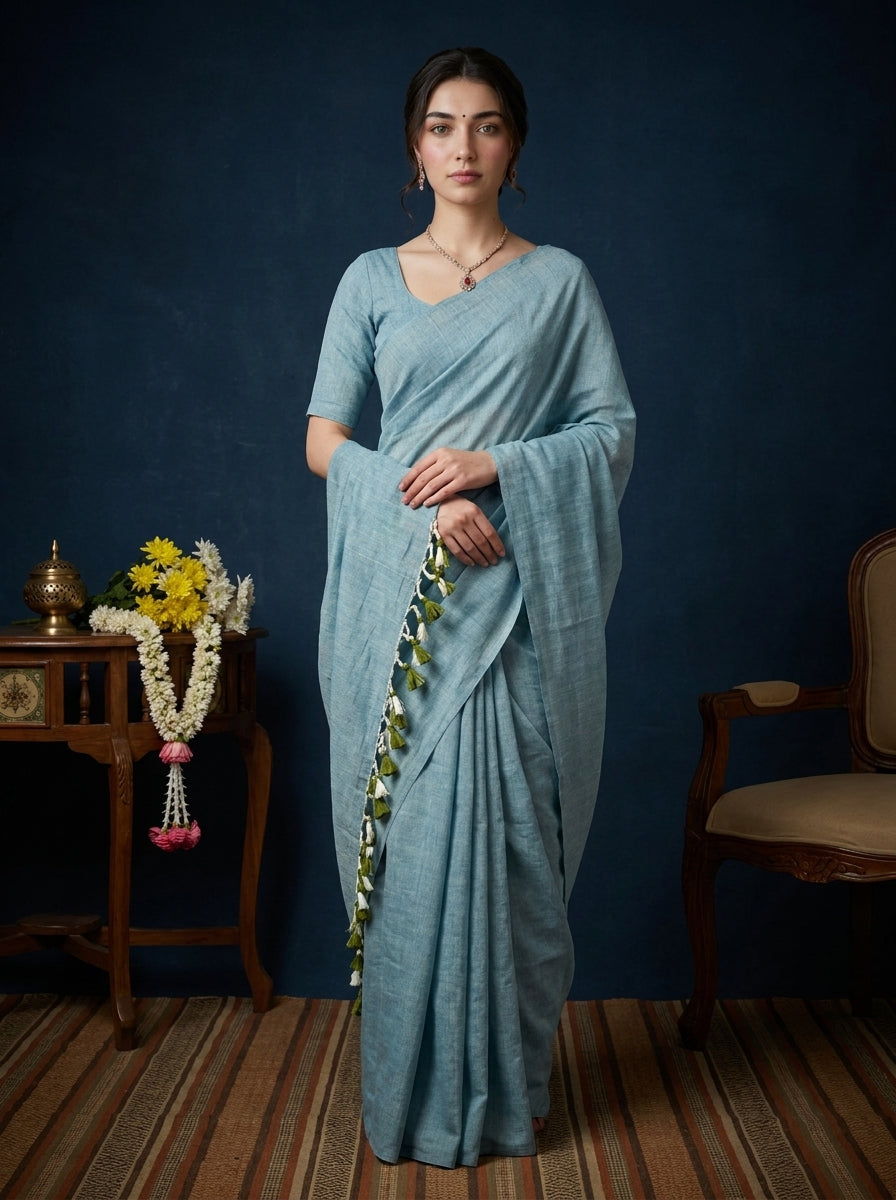 Women's Olive Paisley Printed Linen Blend Saree with Blue Border | Elegant Floral Ethnic Wear for Festive & Daily Use