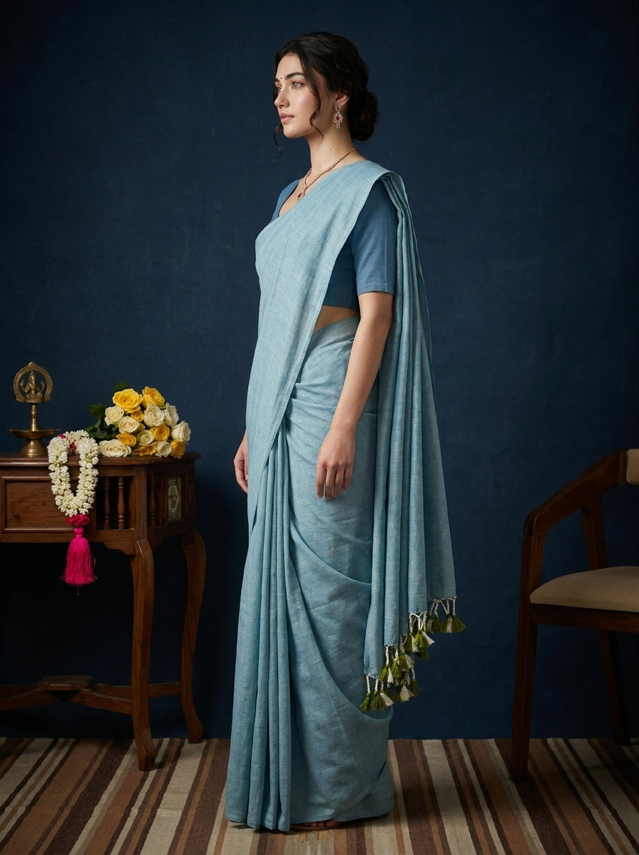 Women's Olive Paisley Printed Linen Blend Saree with Blue Border | Elegant Floral Ethnic Wear for Festive & Daily Use