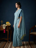 Women's Olive Paisley Printed Linen Blend Saree with Blue Border | Elegant Floral Ethnic Wear for Festive & Daily Use
