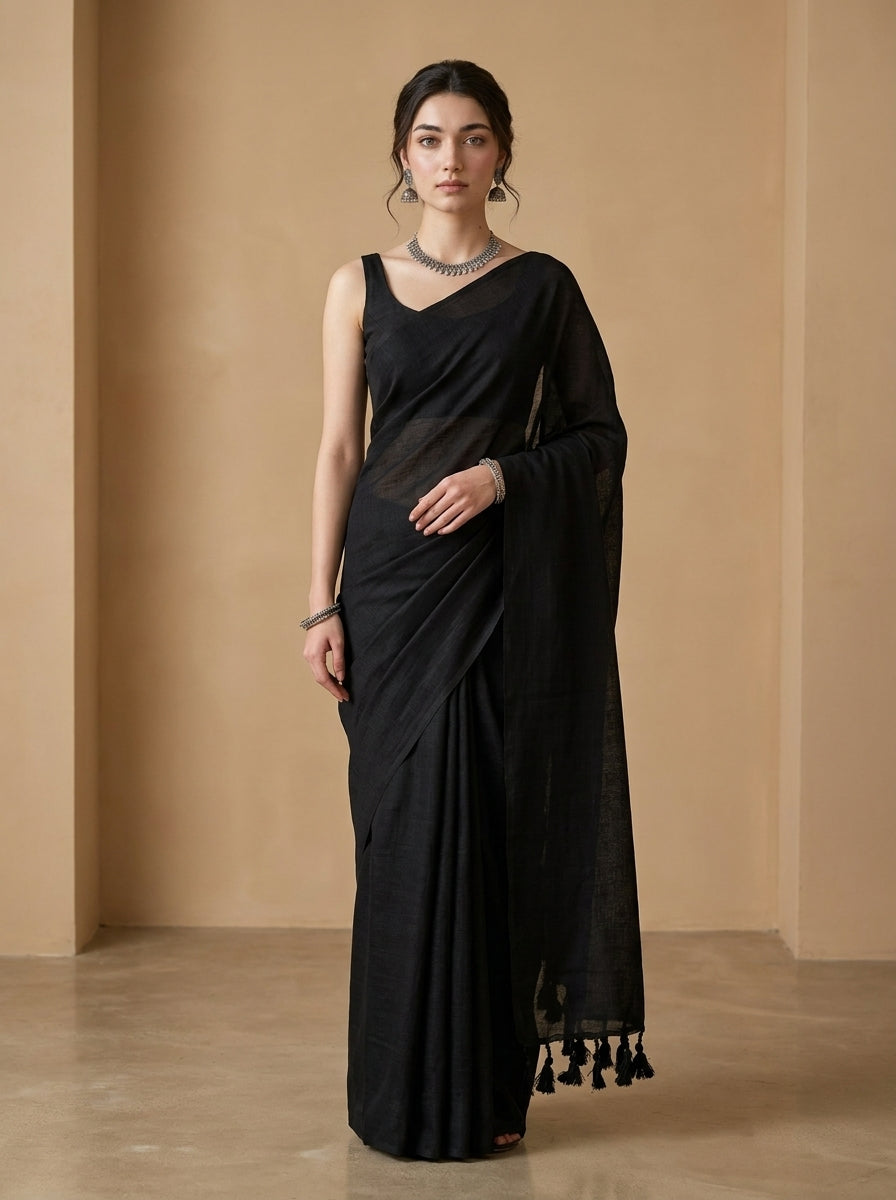 Women's Olive Paisley Printed Linen Blend Saree with Blue Border | Elegant Floral Ethnic Wear for Festive & Daily Use