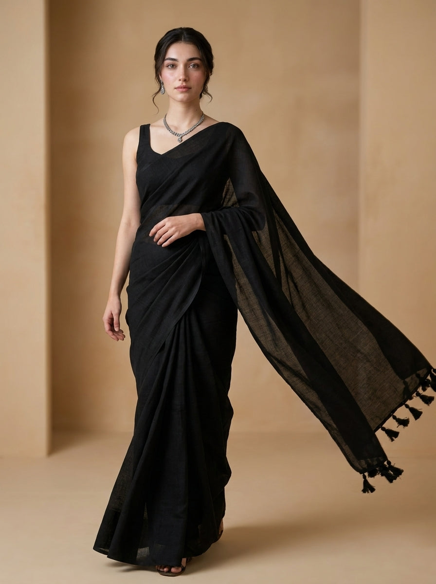 Women's Olive Paisley Printed Linen Blend Saree with Blue Border | Elegant Floral Ethnic Wear for Festive & Daily Use