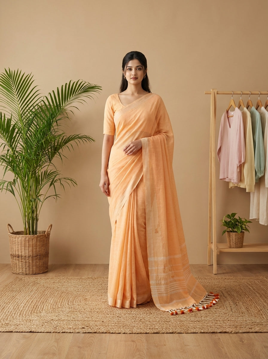 Women's Olive Paisley Printed Linen Blend Saree with Blue Border | Elegant Floral Ethnic Wear for Festive & Daily Use