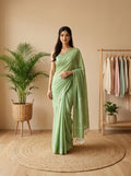 Women's Olive Paisley Printed Linen Blend Saree with Blue Border | Elegant Floral Ethnic Wear for Festive & Daily Use