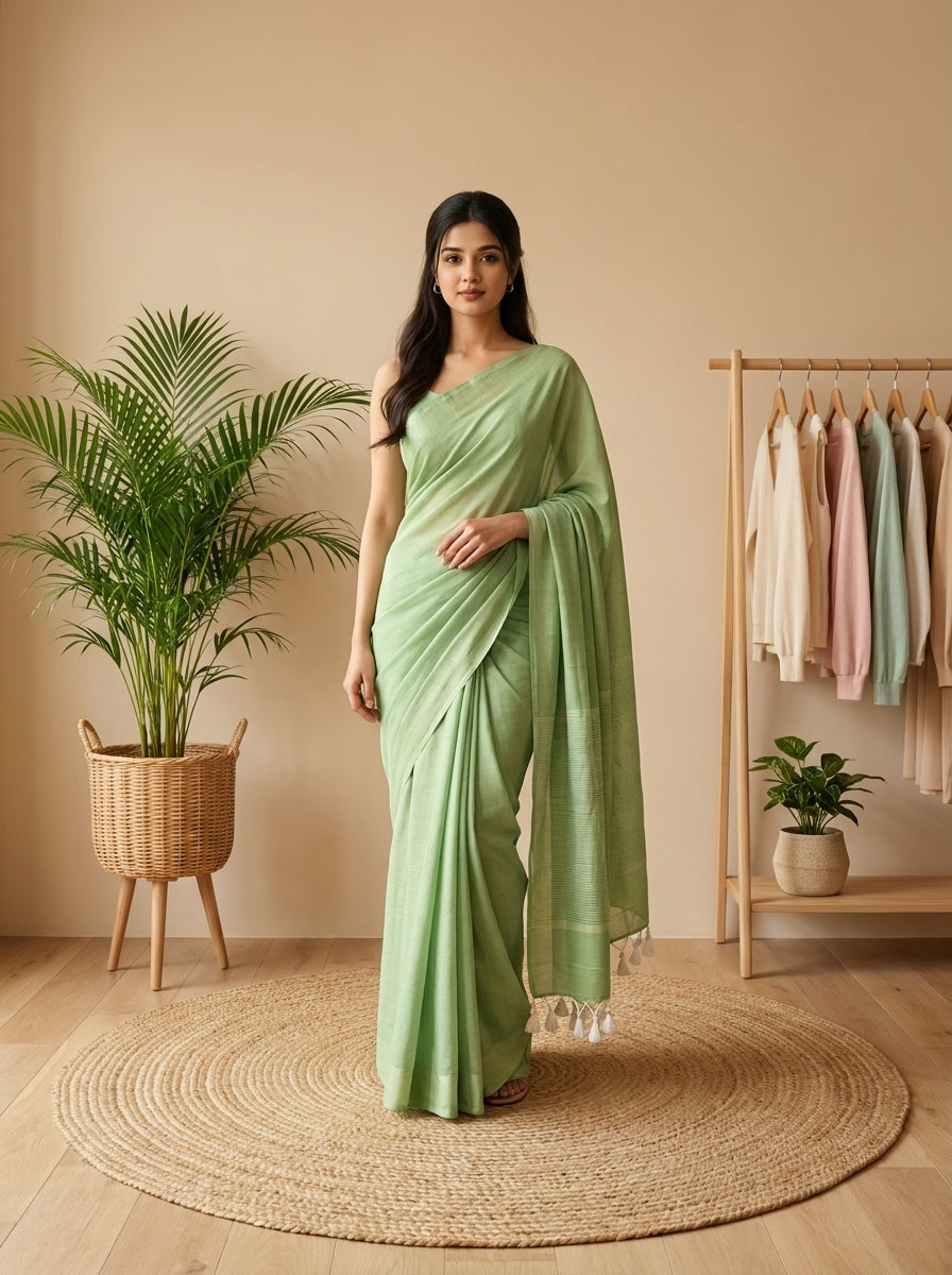 Women's Olive Paisley Printed Linen Blend Saree with Blue Border | Elegant Floral Ethnic Wear for Festive & Daily Use