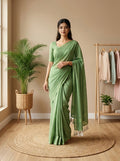 Women's Olive Paisley Printed Linen Blend Saree with Blue Border | Elegant Floral Ethnic Wear for Festive & Daily Use