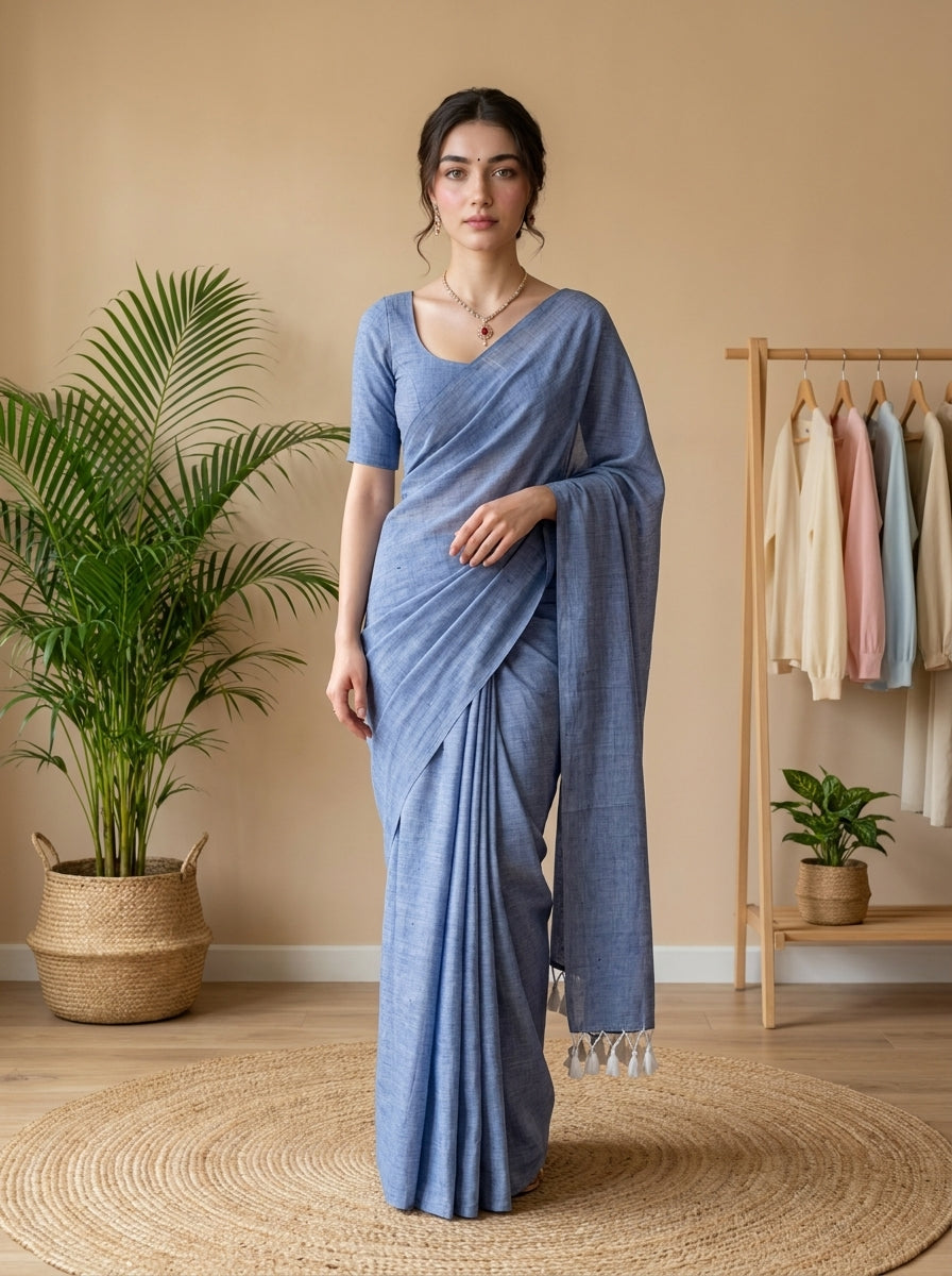 Women's Olive Paisley Printed Linen Blend Saree with Blue Border | Elegant Floral Ethnic Wear for Festive & Daily Use