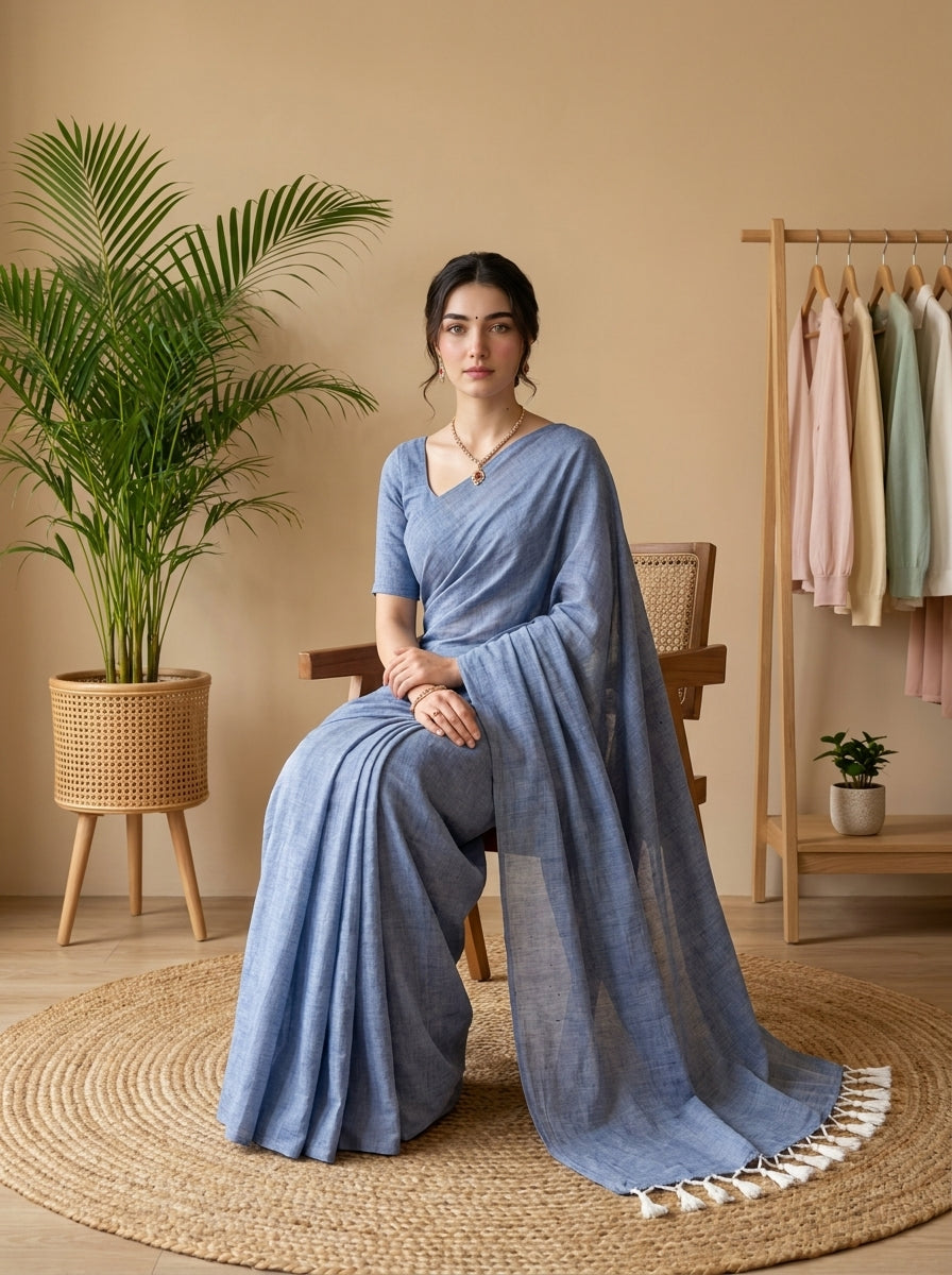 Women's Olive Paisley Printed Linen Blend Saree with Blue Border | Elegant Floral Ethnic Wear for Festive & Daily Use