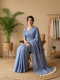 Women's Olive Paisley Printed Linen Blend Saree with Blue Border | Elegant Floral Ethnic Wear for Festive & Daily Use