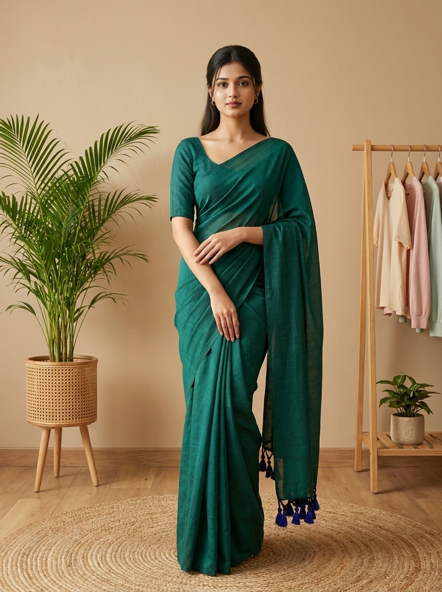 Women's Olive Paisley Printed Linen Blend Saree with Blue Border | Elegant Floral Ethnic Wear for Festive & Daily Use