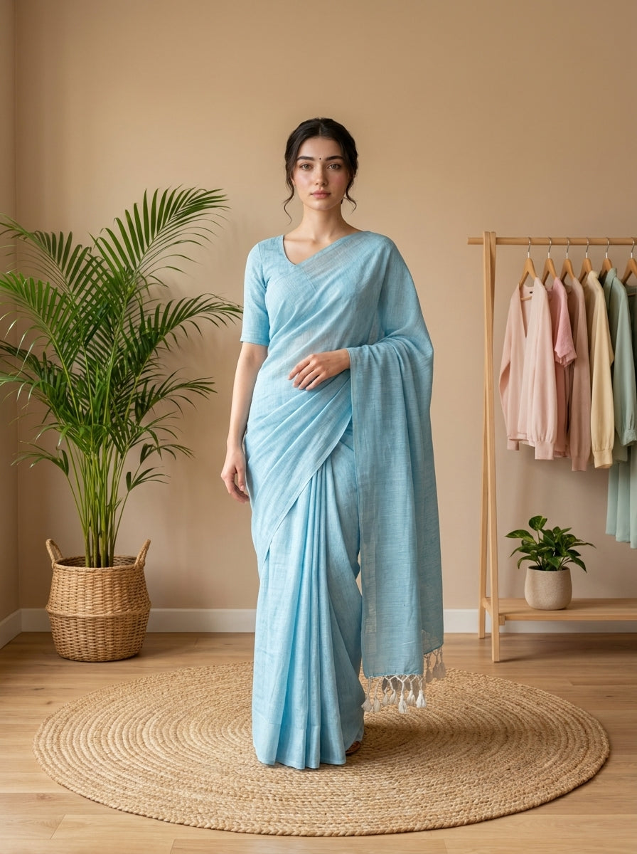 Women's Olive Paisley Printed Linen Blend Saree with Blue Border | Elegant Floral Ethnic Wear for Festive & Daily Use