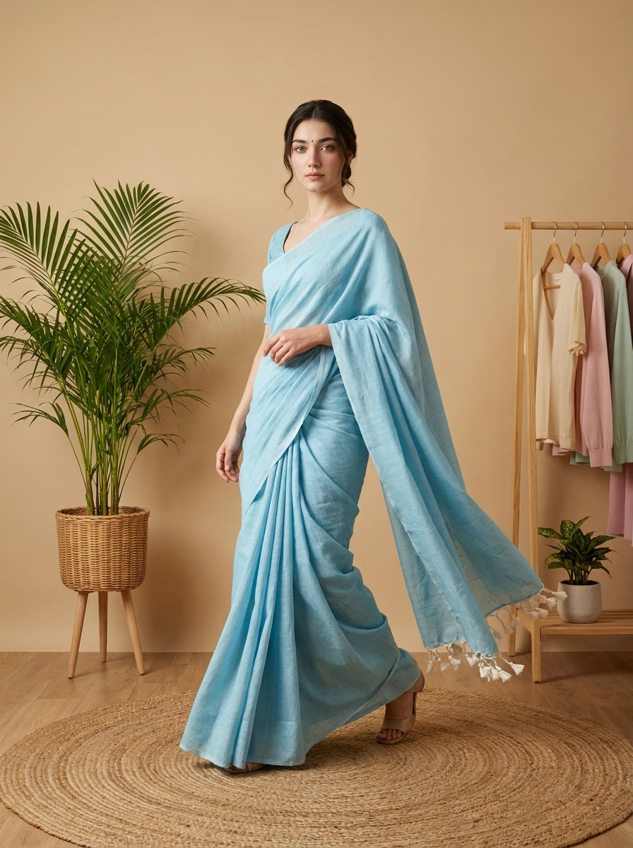 Women's Olive Paisley Printed Linen Blend Saree with Blue Border | Elegant Floral Ethnic Wear for Festive & Daily Use