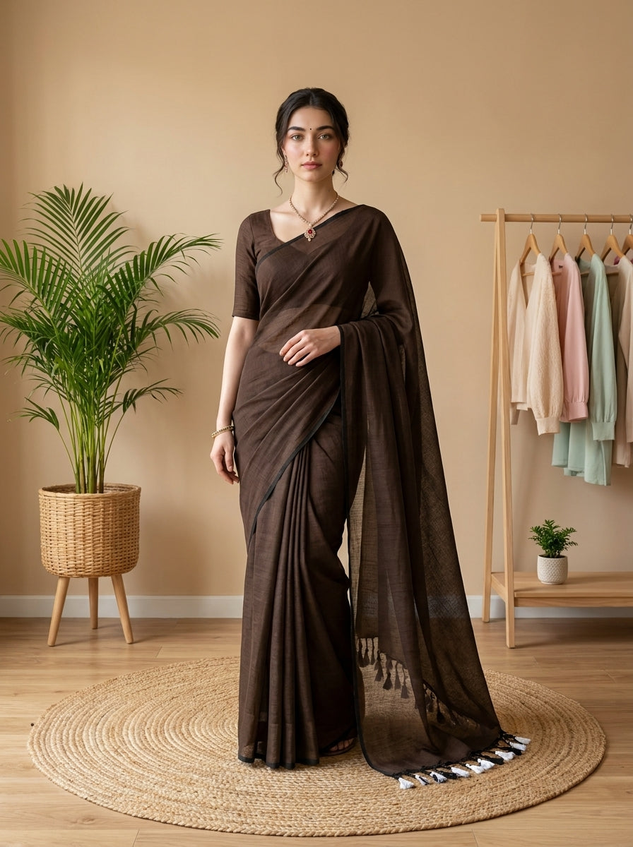 Women's Olive Paisley Printed Linen Blend Saree with Blue Border | Elegant Floral Ethnic Wear for Festive & Daily Use