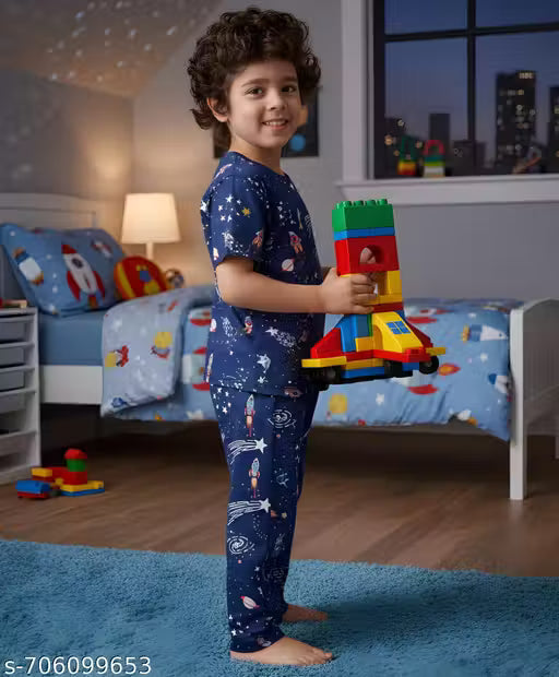 Boys Cotton Blend Printed Co-ords Set Short Sleeve Round Neck T-Shirt & Pyjama Soft & Comfortable Kids Clothing set of